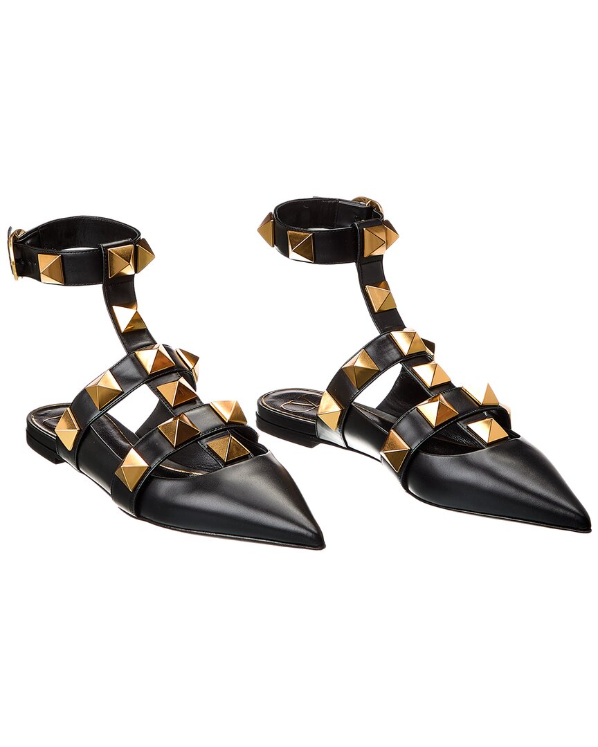 Valentino Roman Stud Leather Ankle Strap Flat In Black
