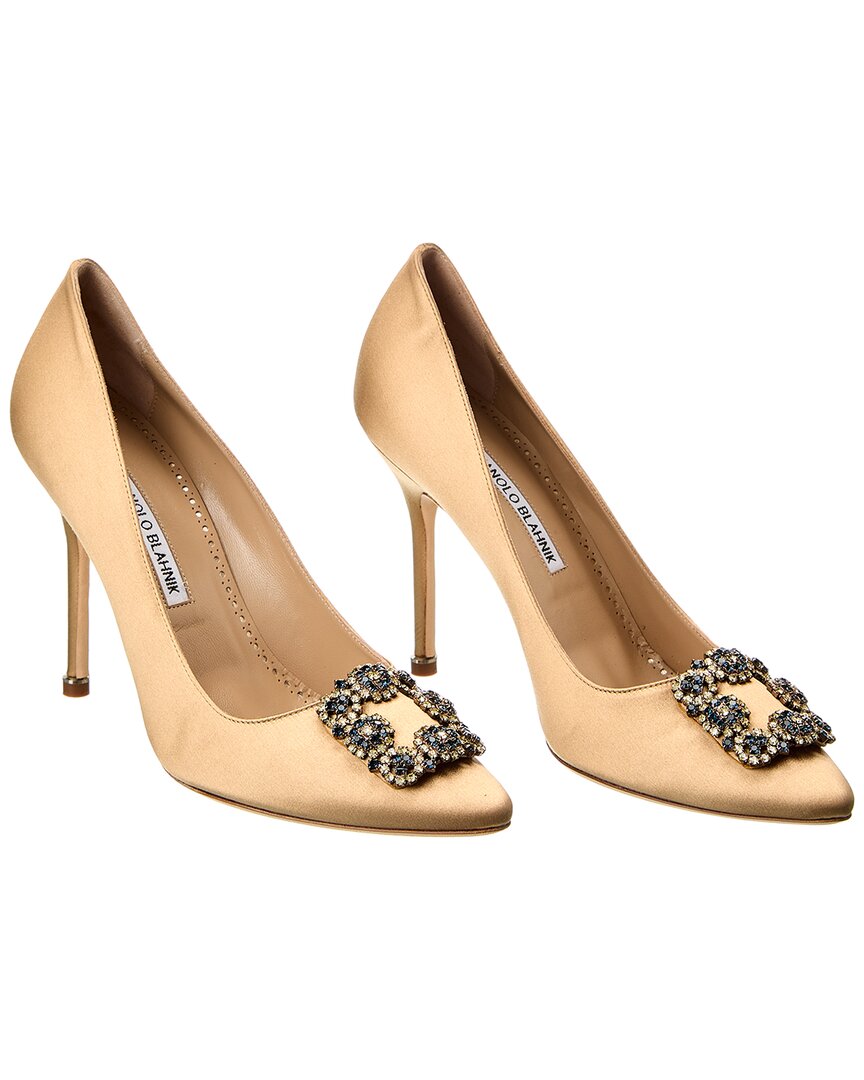 Manolo Blahnik Hangisi 90 Satin Pumps With Fmc Crystal Buckle In Brown