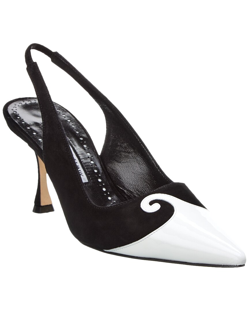 Manolo Blahnik Zaborus 70 Leather & Suede Slingback Pump In White