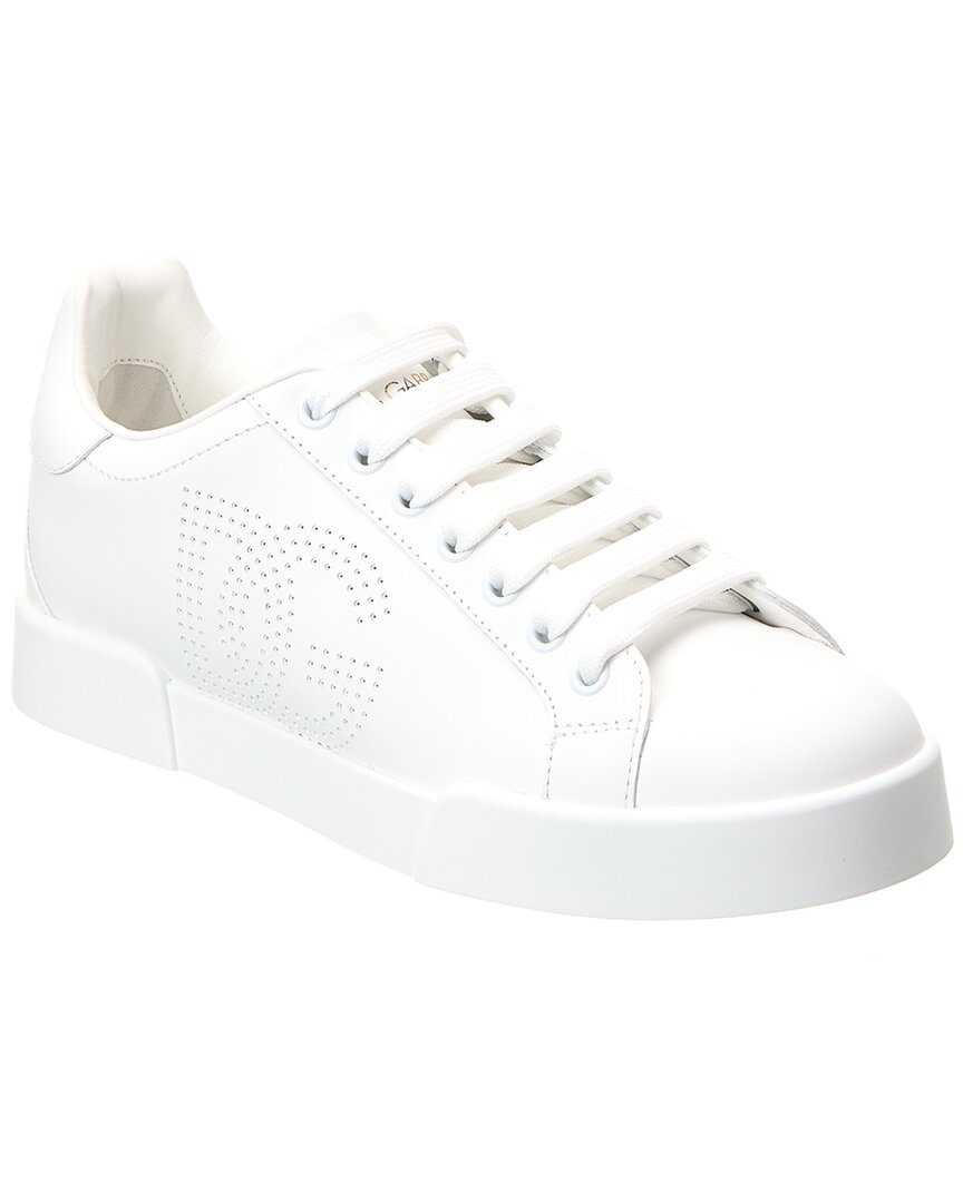Dolce & Gabbana Portofino Low-top Leather Sneakers With Lateral Monogram In Neutral