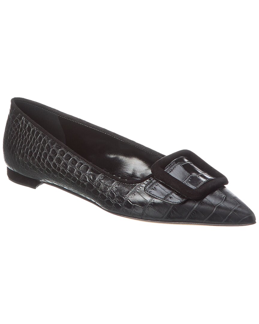 Manolo Blahnik Maysale 10 Buckled Suede-trimmed Croc-effect Leather Point-toe Flats In Black