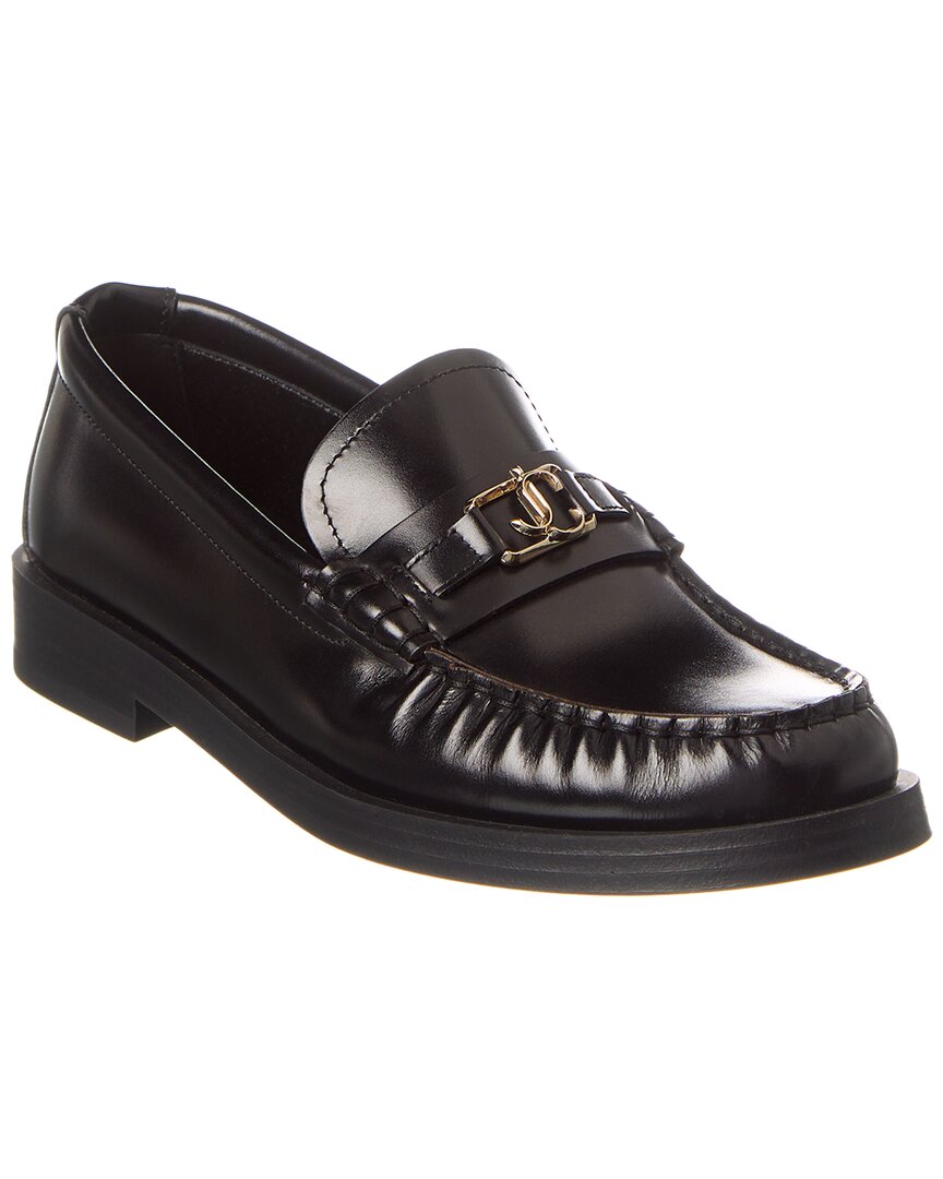 Jimmy Choo Leather Loafers With Glossy Finish And Metallic Accent In Black