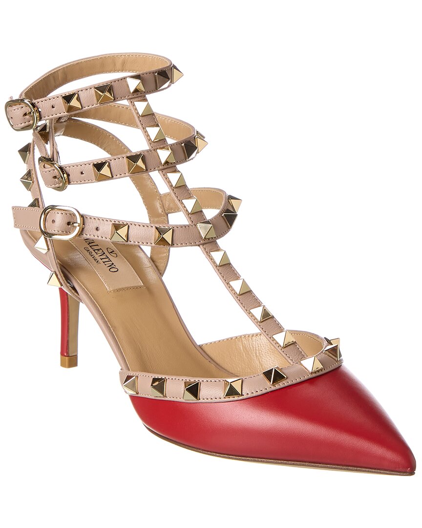 Shop Valentino Rockstud Caged 65 Leather Ankle Strap Pump In Red