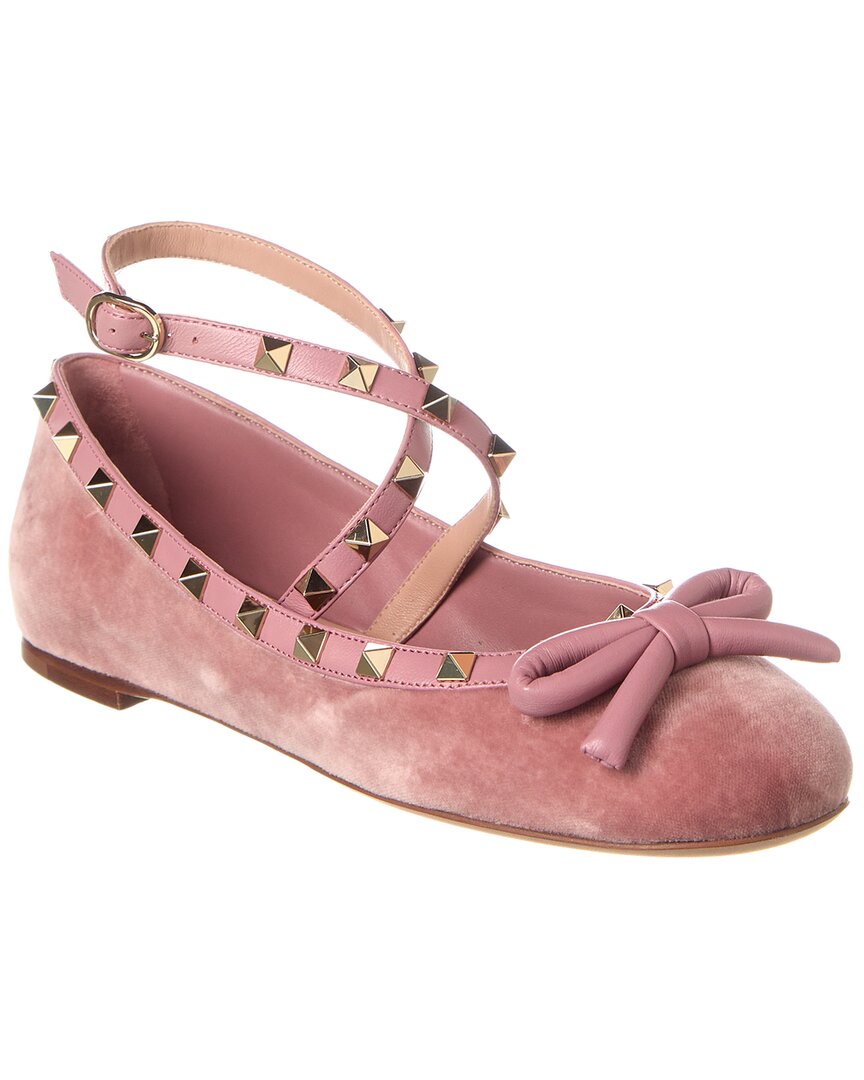 Valentino 5mm Rockstud Velvet Ballerina Flats In Pink