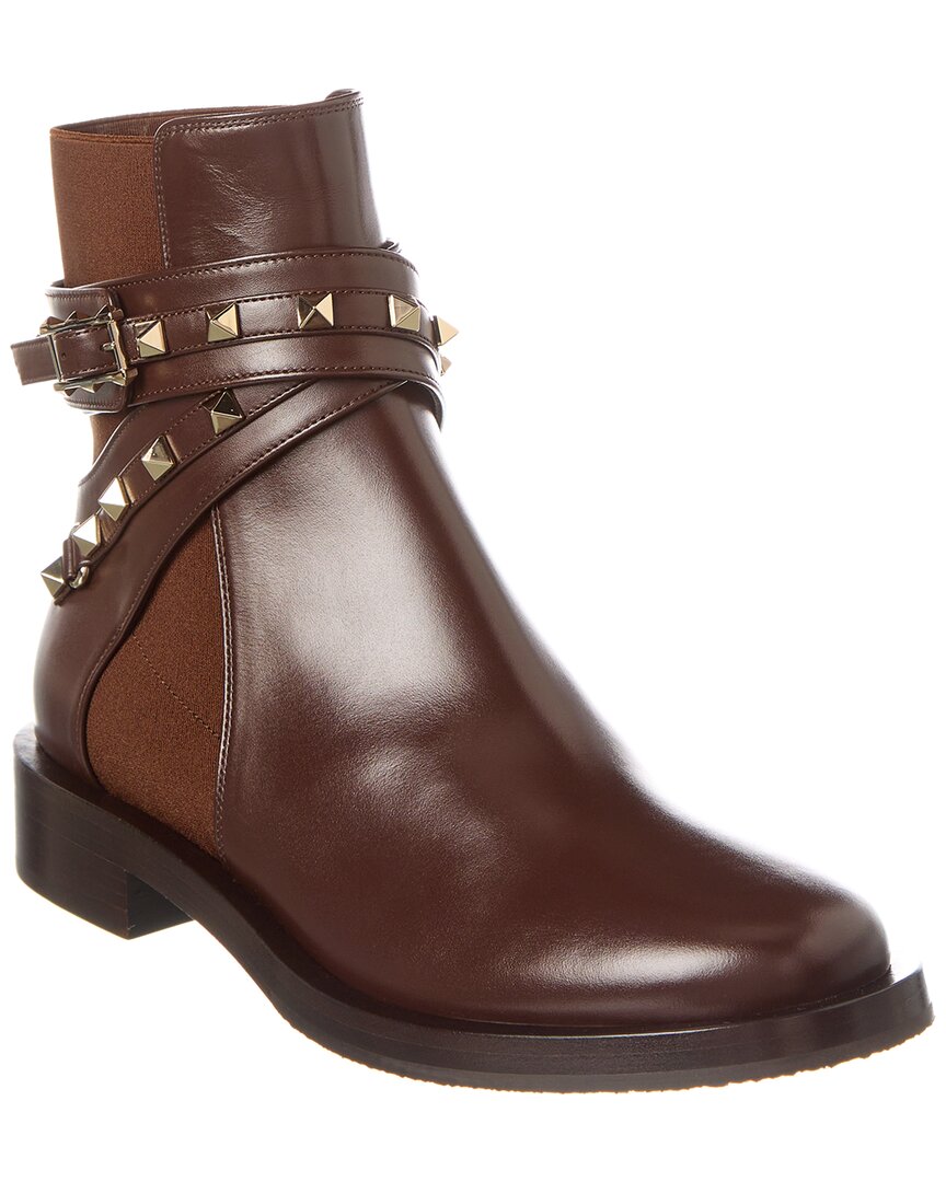 Valentino Rockstud Leather Boot In Brown