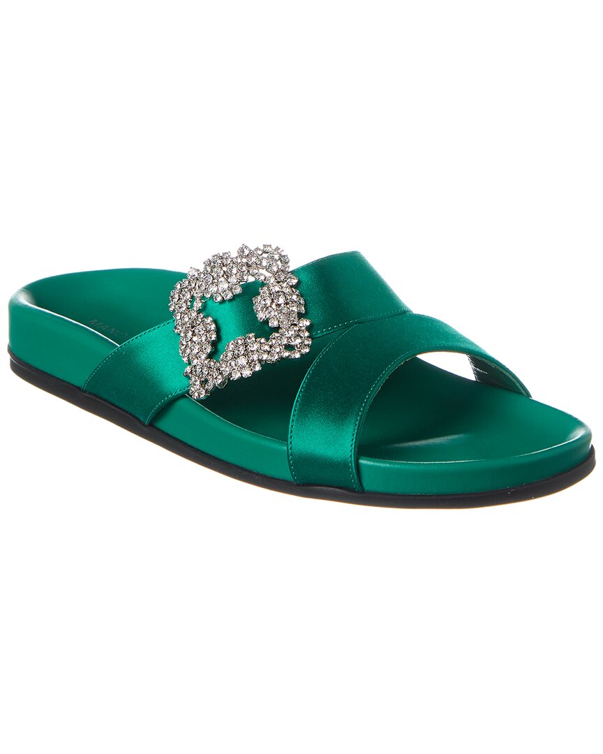 Manolo Blahnik Chilanghi Crystal Buckle Slide Sandals In Green