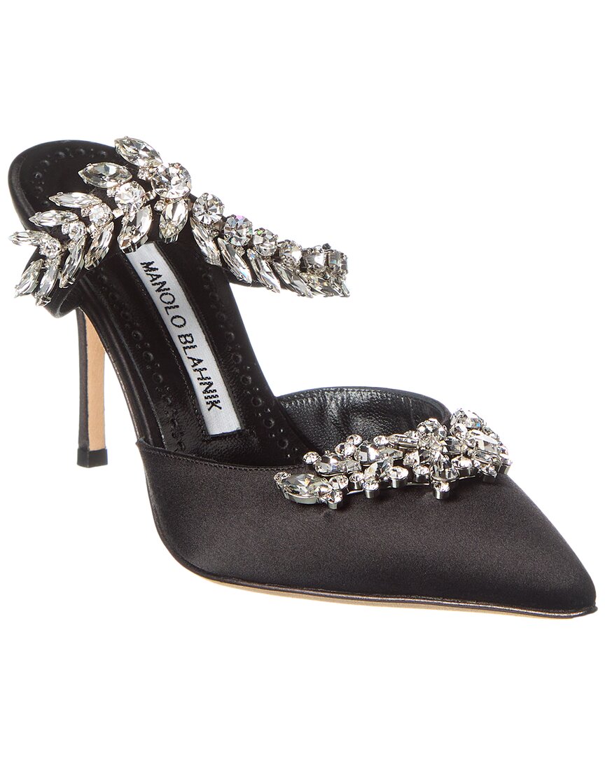 Manolo Blahnik Women's Lurum 90mm Crystal-embellished Satin Mules In Black