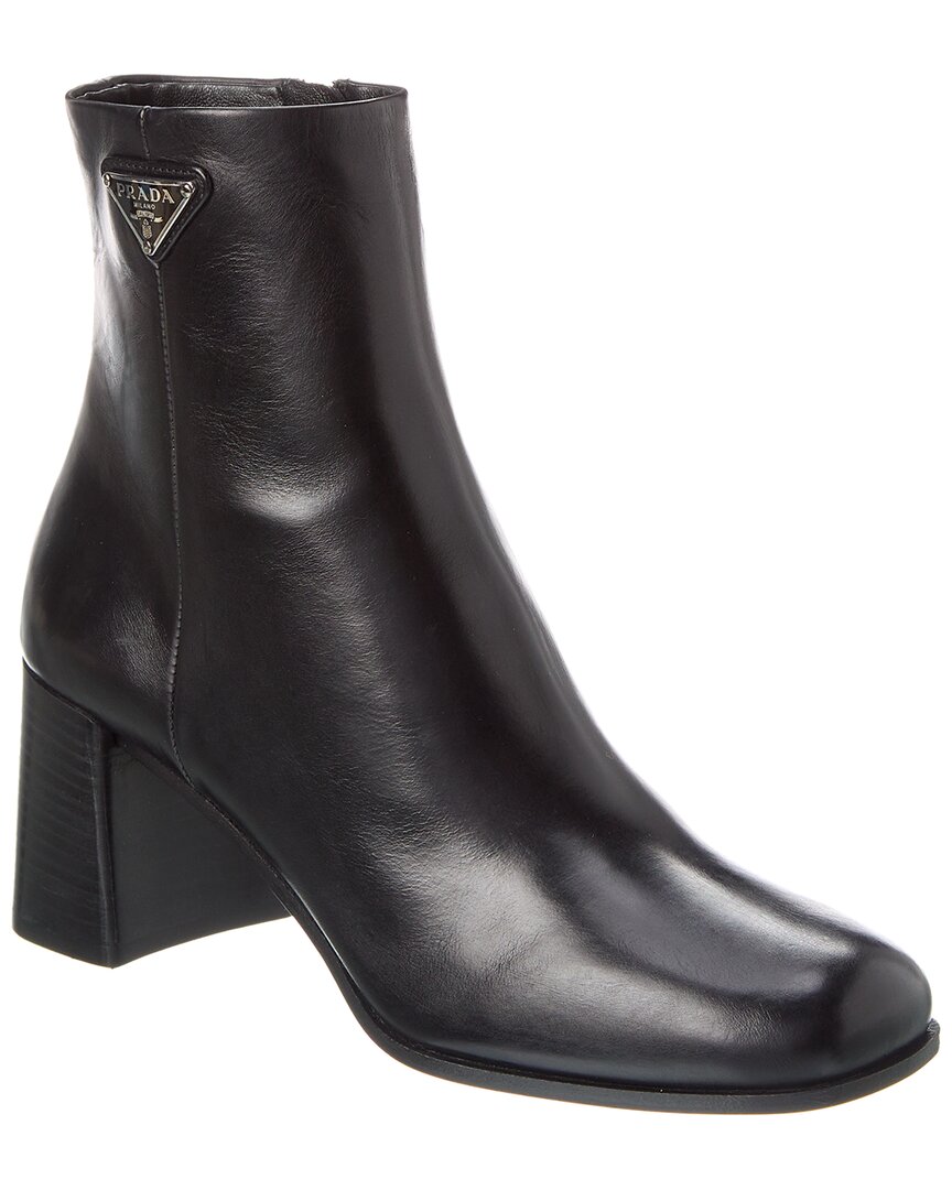 Prada Black Leather Ankle Boots With Logo Triangle Women In Black