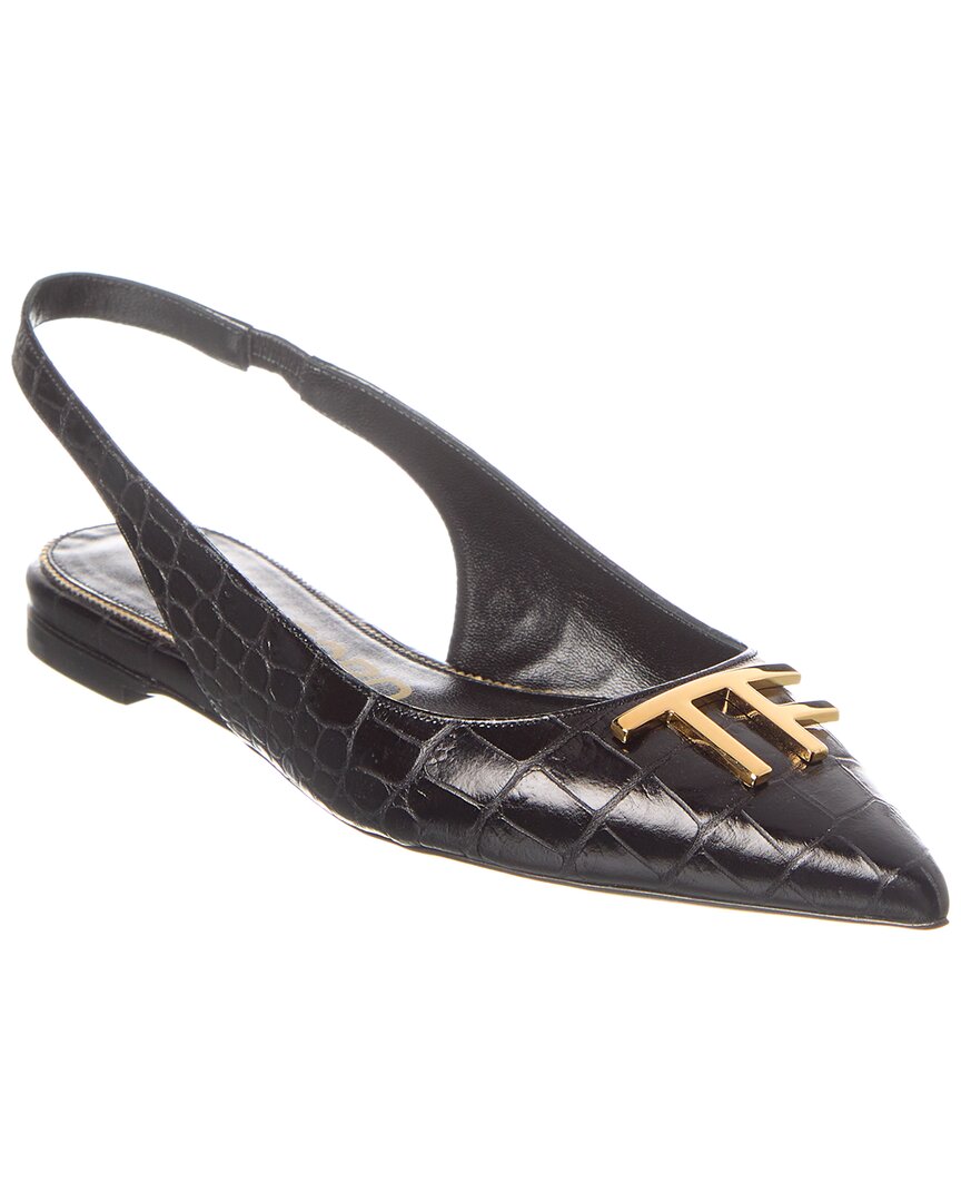 Tom Ford Logo Croc-embossed Leather Slingback Ballerina Flat In Black
