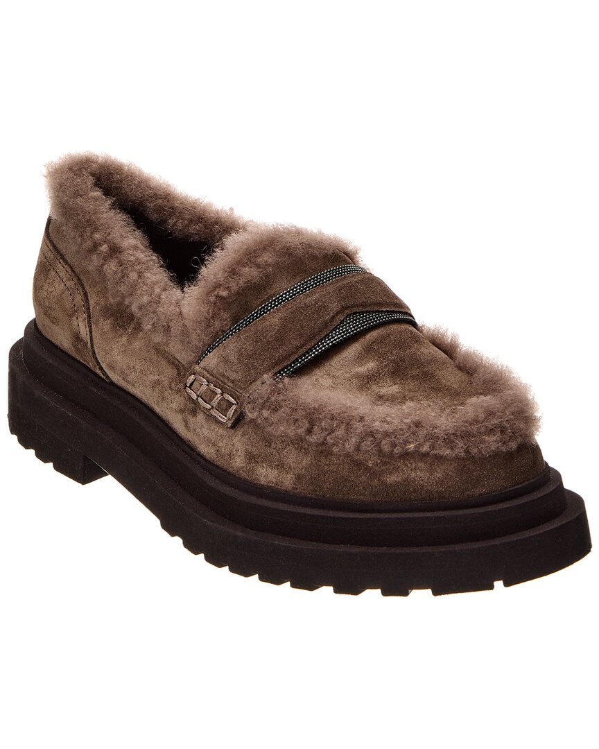 Brunello Cucinelli Faux-shearling Suede Loafers In Brown