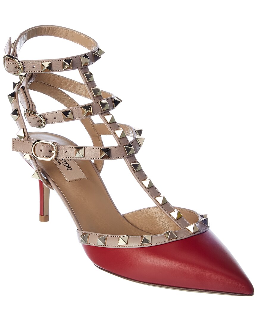Shop Valentino Rockstud Caged 65 Leather Ankle Strap Pump In Red