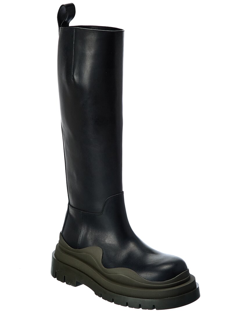Bottega Veneta Tire Rubber-trimmed Leather Knee Boots In Black
