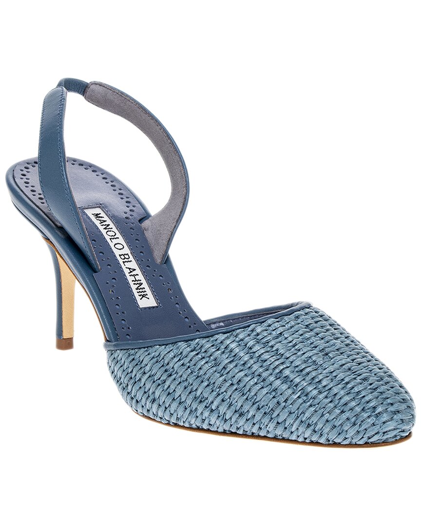 Manolo Blahnik Casam Raffia & Leather Pump In Blue