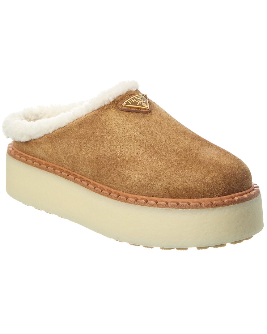 Shop Prada Suede & Shearling Platform Mule In Brown