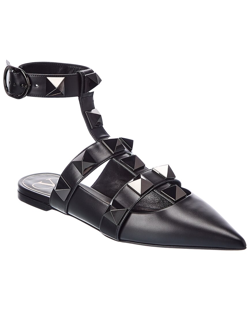 Shop Valentino Roman Stud Leather Ankle Strap Flat