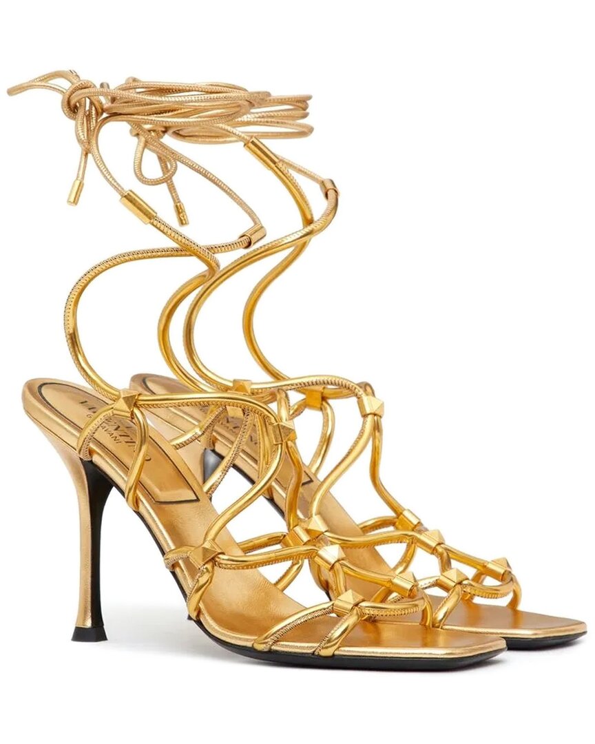 Valentino Rockstud Net Lace-up Leather Sandal In Gold