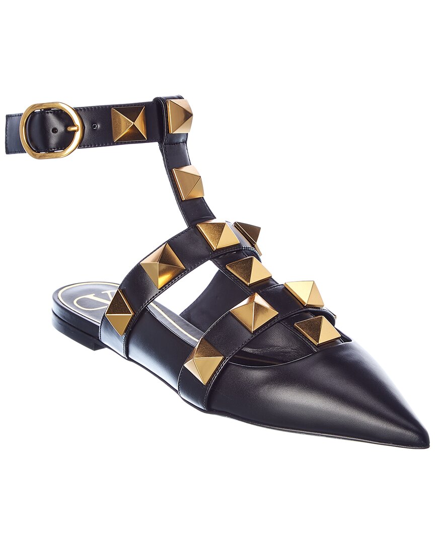 Valentino Roman Stud Leather Ankle Strap Flat In Black