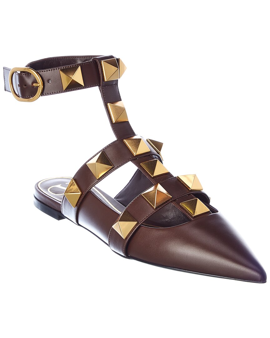 Valentino Roman Stud Leather Ankle Strap Flat In Brown