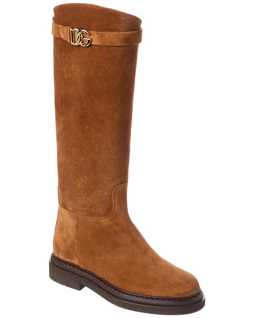 Dolce & Gabbana Logo Suede Knee-high Boots In Brown