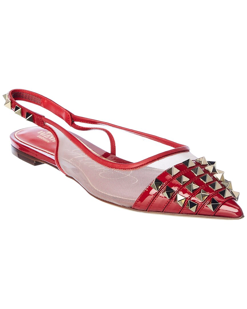 Shop Valentino Rockstud Alcove Patent & Mesh Slingback Flat In Red