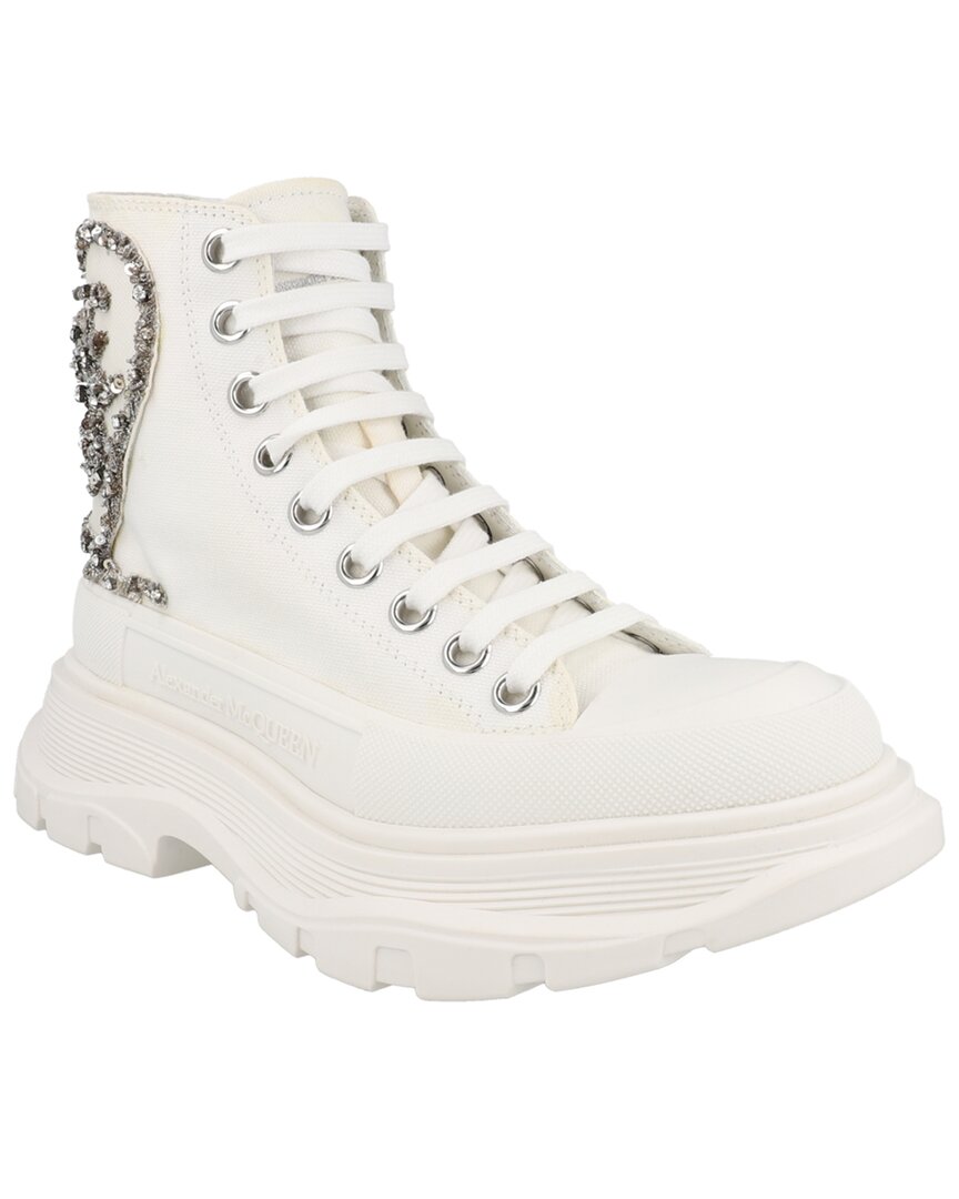 Alexander Mcqueen Crystal Embellished Tread Boots Woman Ankle Boots White Size 8 Cotton In White