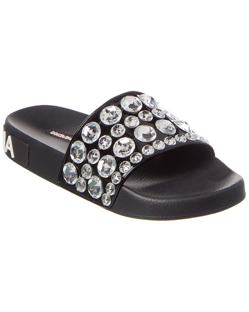 Dolce & Gabbana Crystal-embellished Leather Slides In Black