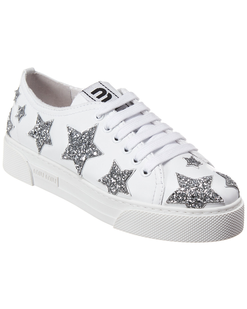 Miu Miu Stars Glitter Leather Sneaker Miu Miu Stars Glitter Leather Sneaker