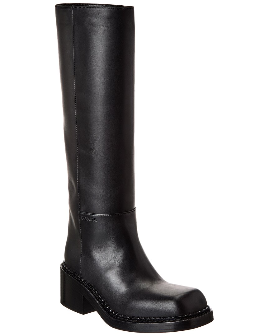 Shop Prada Peggy Leather Knee-high Boot In Black
