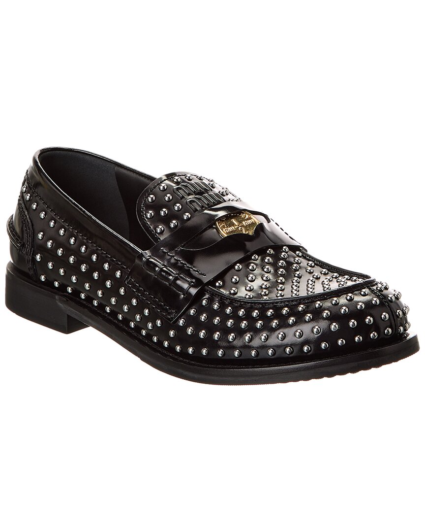 Miu Miu Studded Brushed Leather Penny Loafers In Black