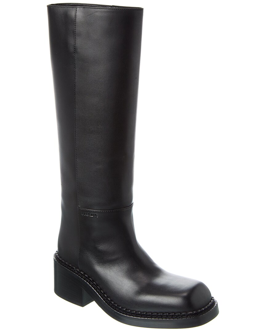 Shop Prada Logo Leather Knee-high Boot In Black