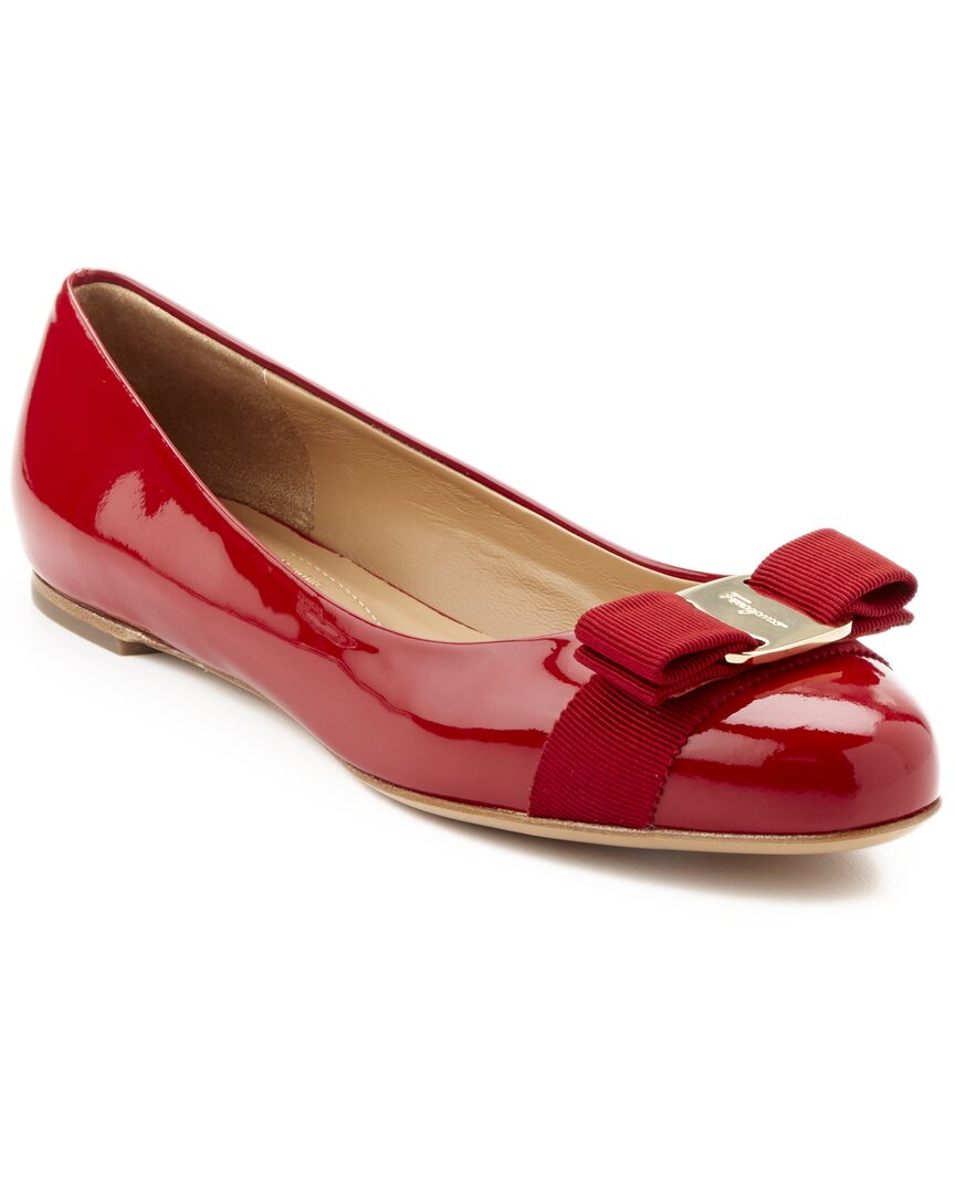 Ferragamo Varina Patent Leather Bow Ballerina Flats In Red