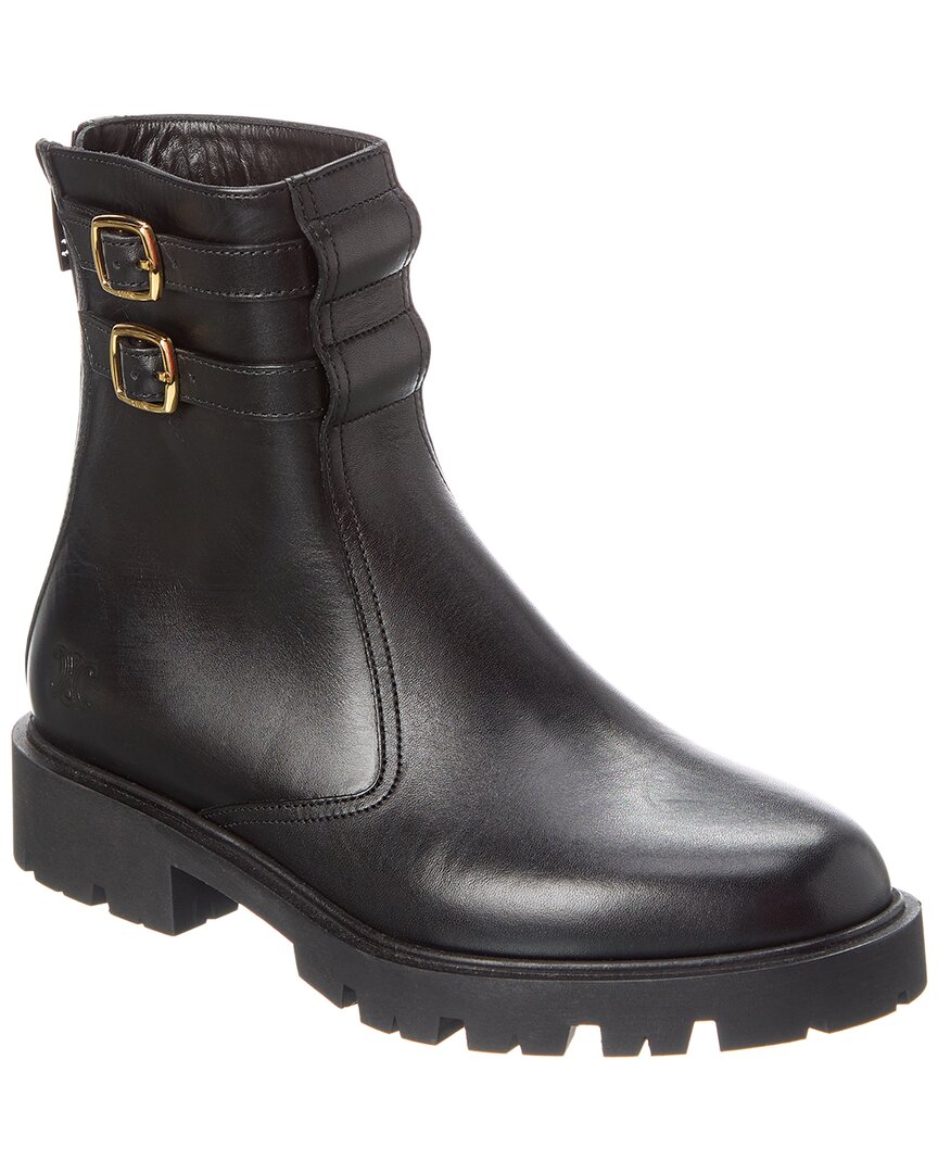 Celine Margaret Double Buckle Leather Boot In Black