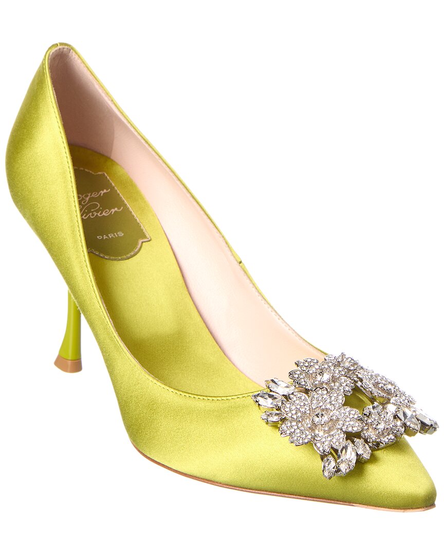 Roger Vivier 85 Bouquet Strass Buckle Pumps In Satin In Green