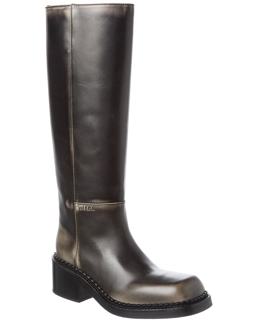 Prada Logo Leather Knee-high Boot In Black