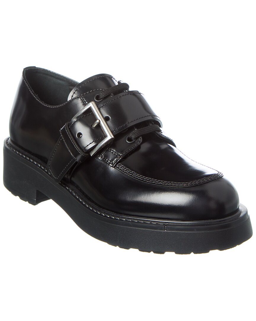 Prada Brushed Leather Lace-up Shoes With Strap In Black