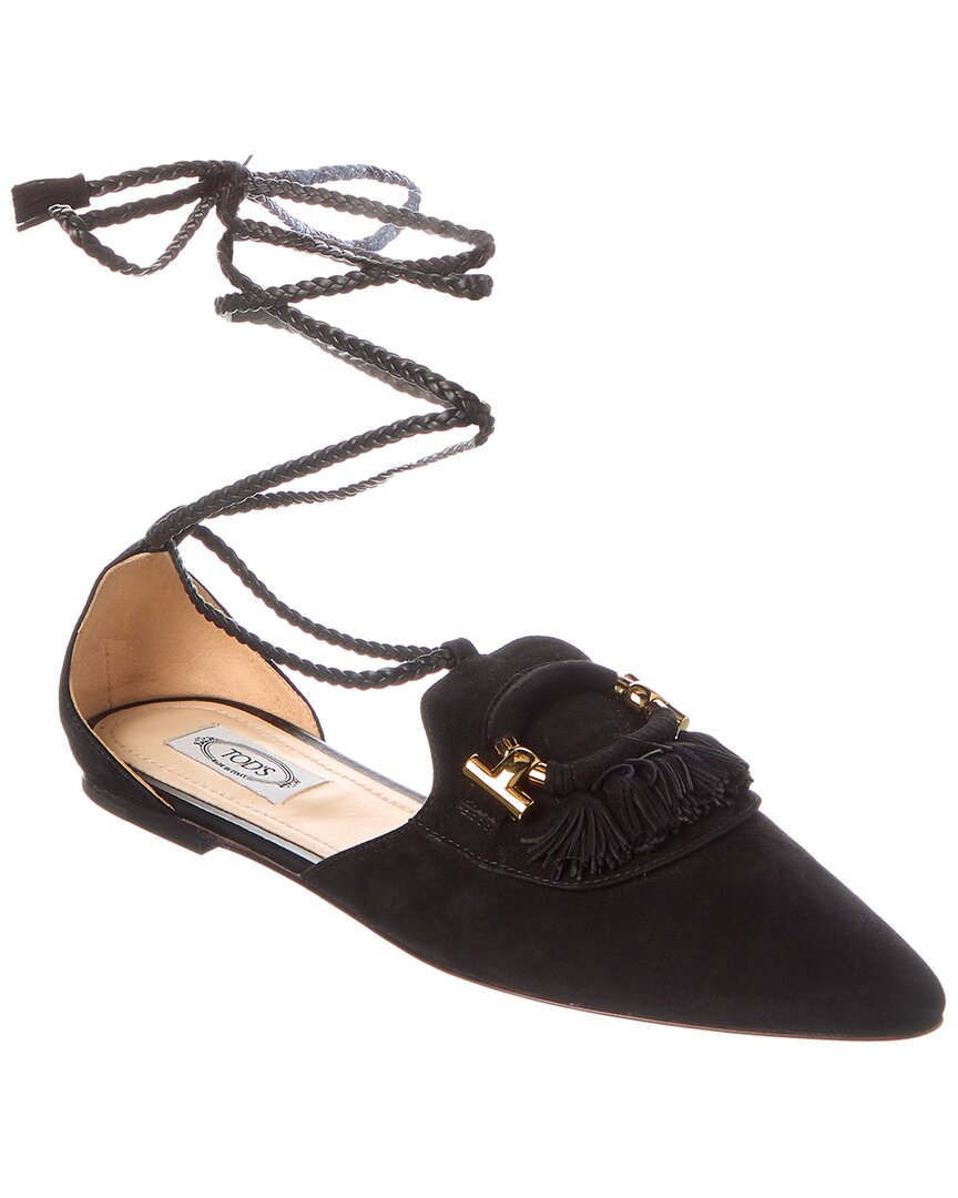 Tod's Fringed Suede Flat In Black