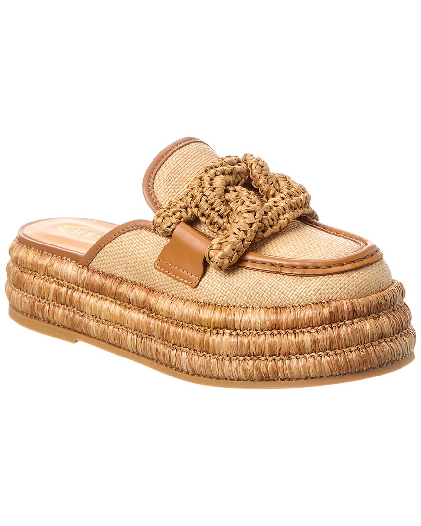 Tod's Chain Link Detail Raffia & Leather Platform Mule In Brown
