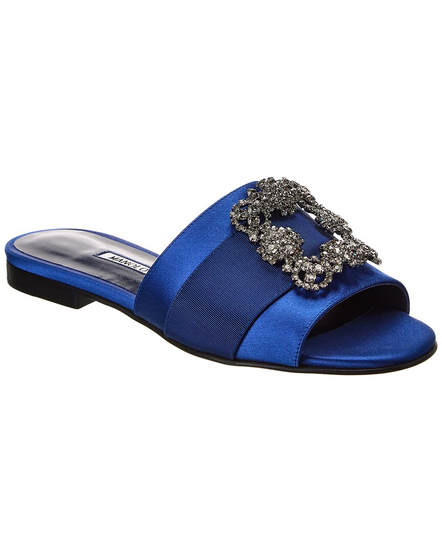 Manolo Blahnik Crystal Buckle Silk Sandals In Blue