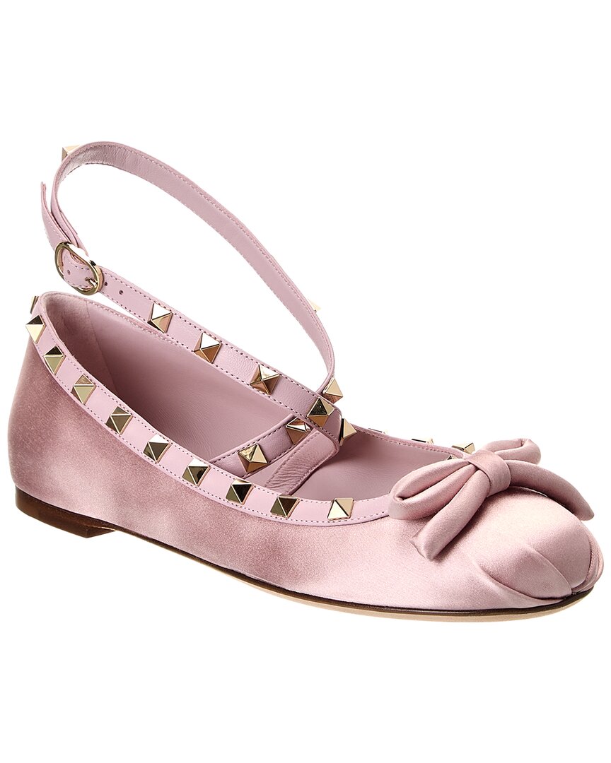 Valentino Rockstud Satin & Leather Flat In Pink