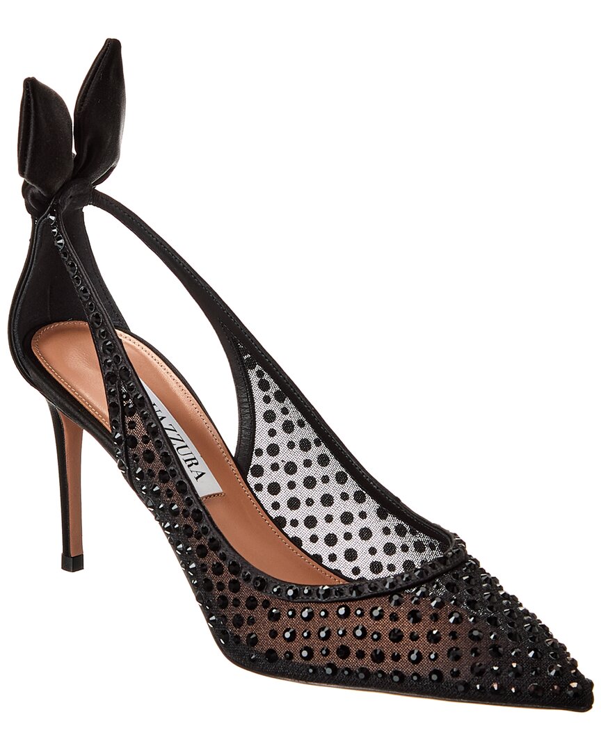 Aquazzura Bow Tie 105 Crystal Tulle Pointed-toe Flats In Black