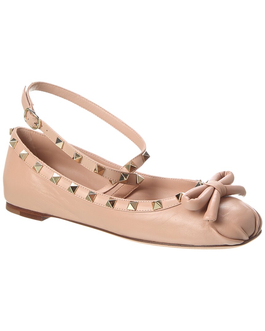 Shop Valentino Rockstud Leather Ankle Strap Ballerina Flat In Pink