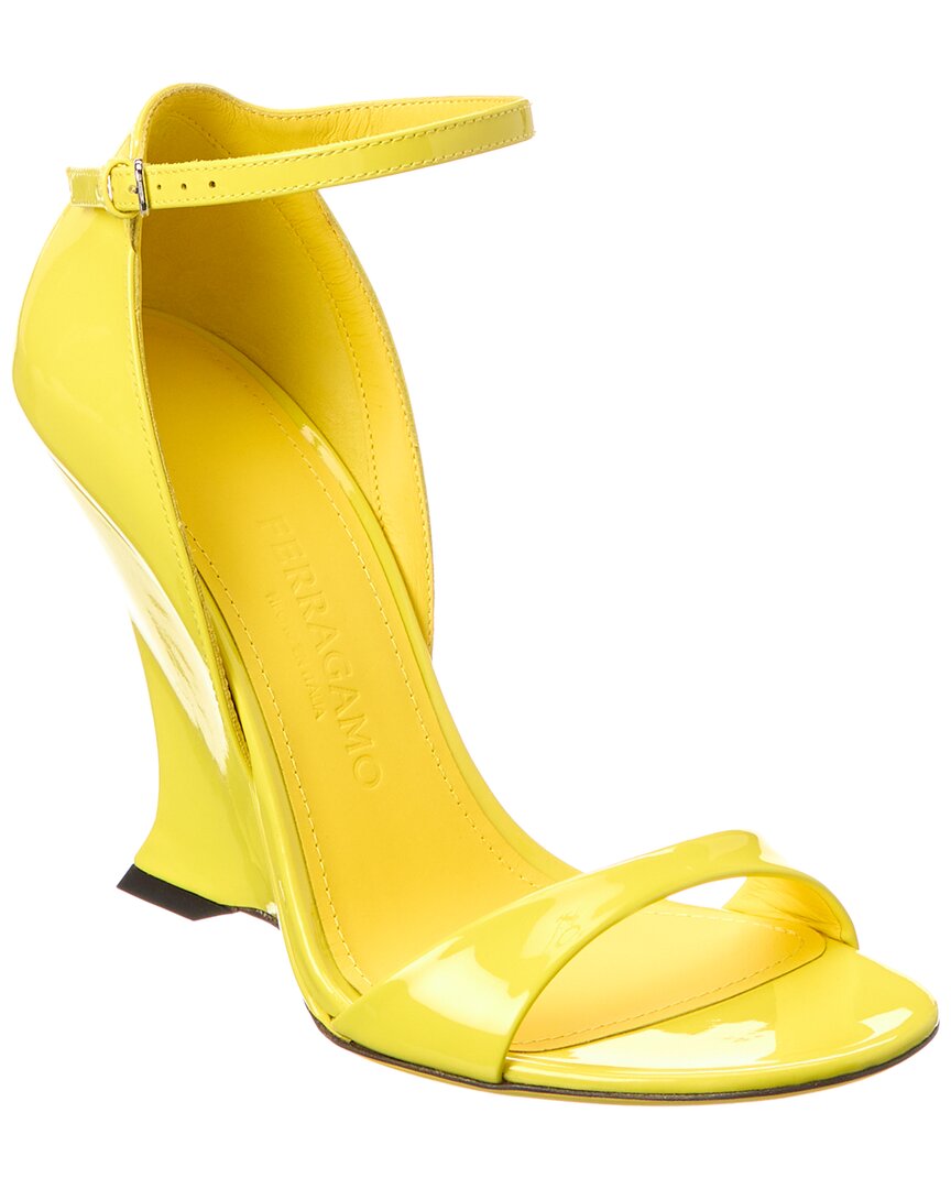 Ferragamo Vidette Patent Leather Wedge Sandals In Yellow