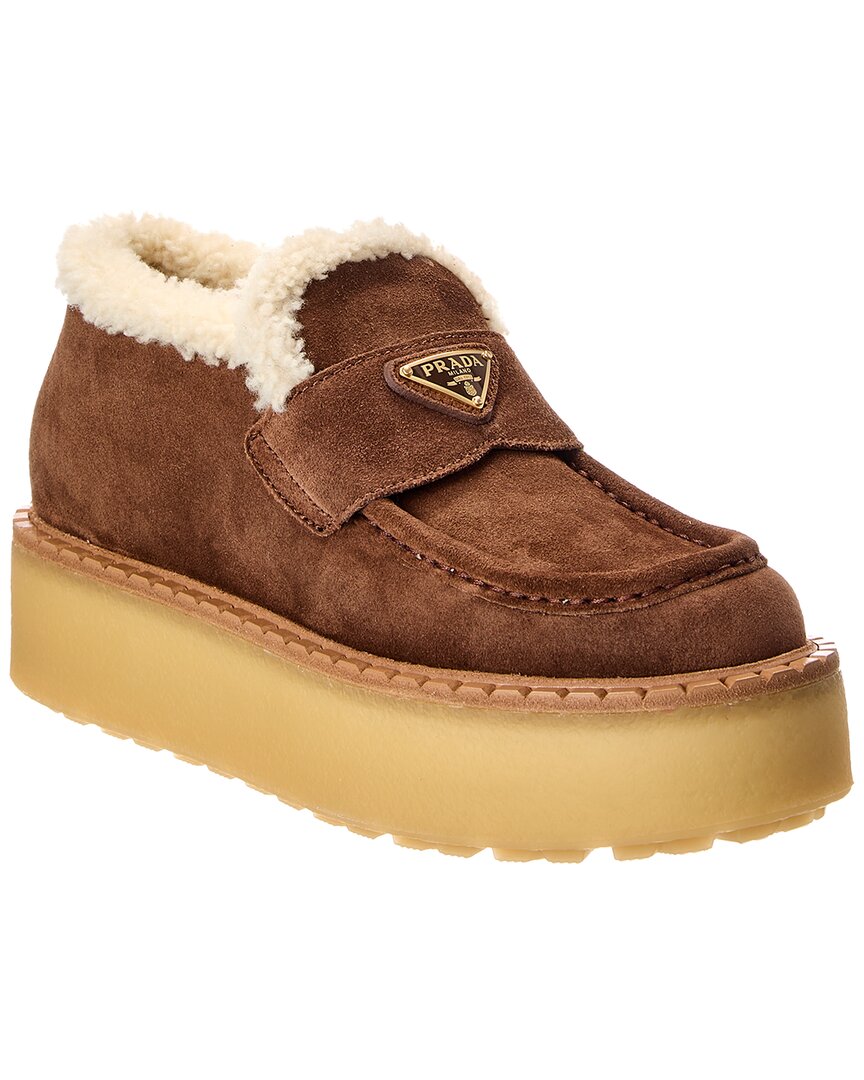 Prada Shearling-lined Suede Loafers In Brown