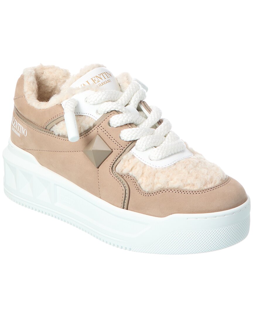 Valentino One Stud Xl Leather & Wool Sneaker In Brown