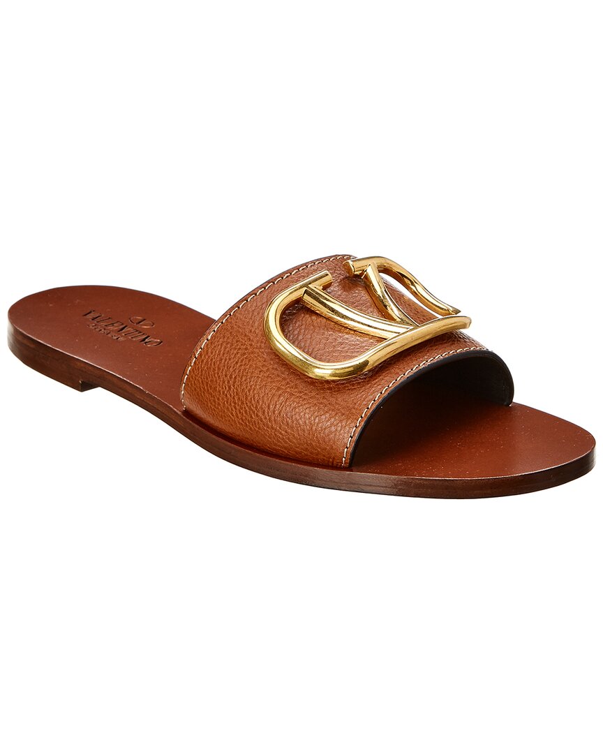 Valentino Vlogo Leather Slides In Brown