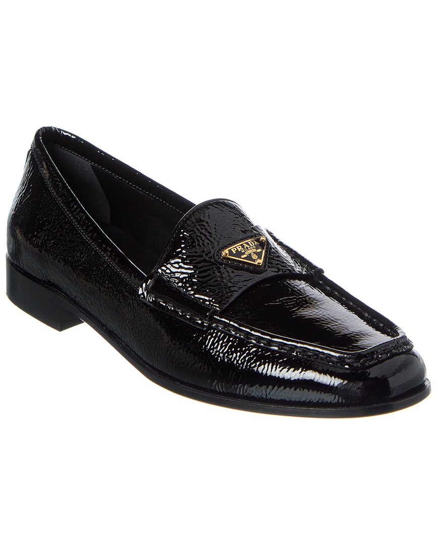 Prada Patent Finish Loafers With Logo Plaque In Black