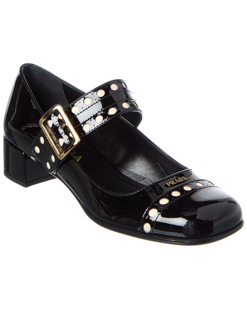 Prada Block Heel Round Toe Patent Finish Studded Detail In Black