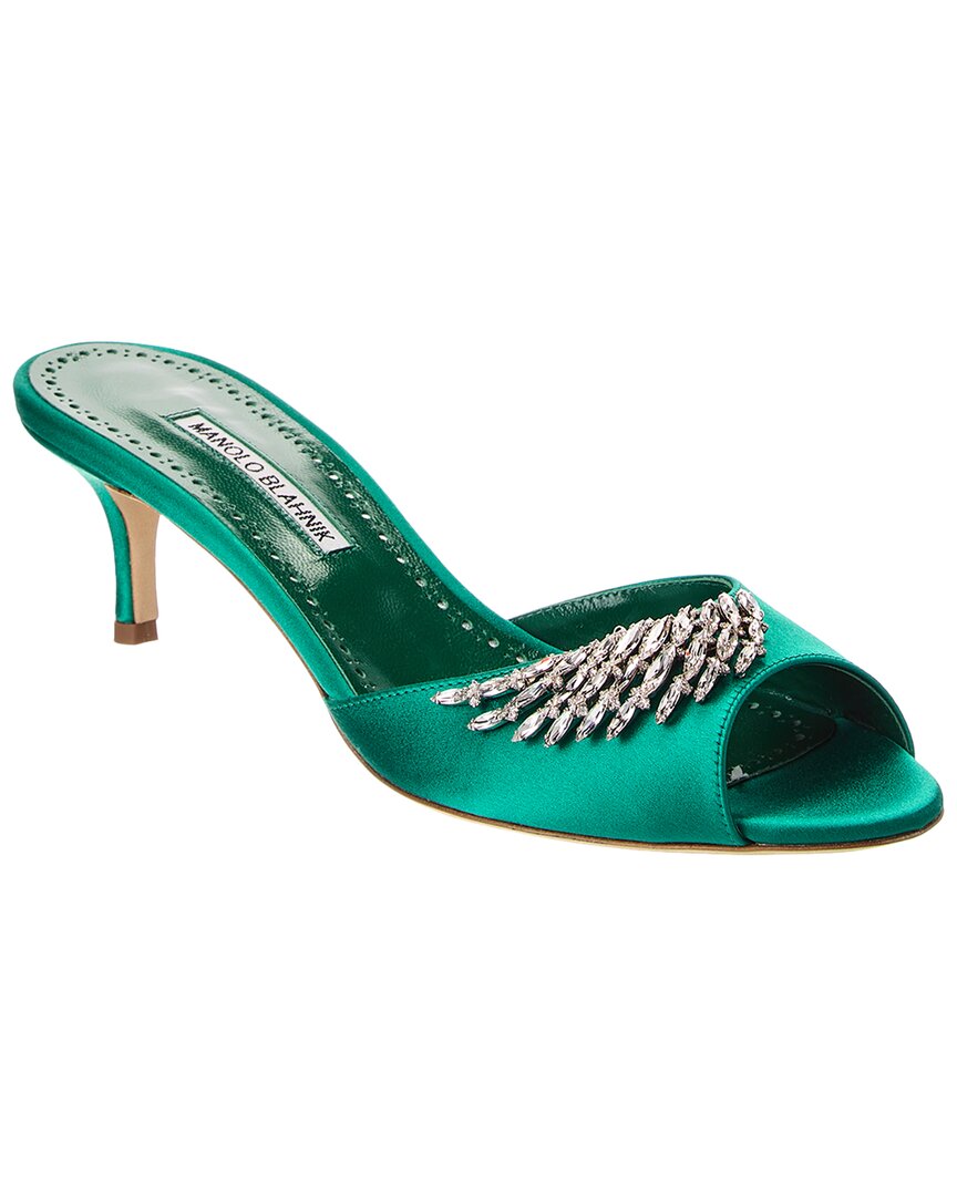 Manolo Blahnik Lumada 50 Crystal-embellished Satin Mules In Green