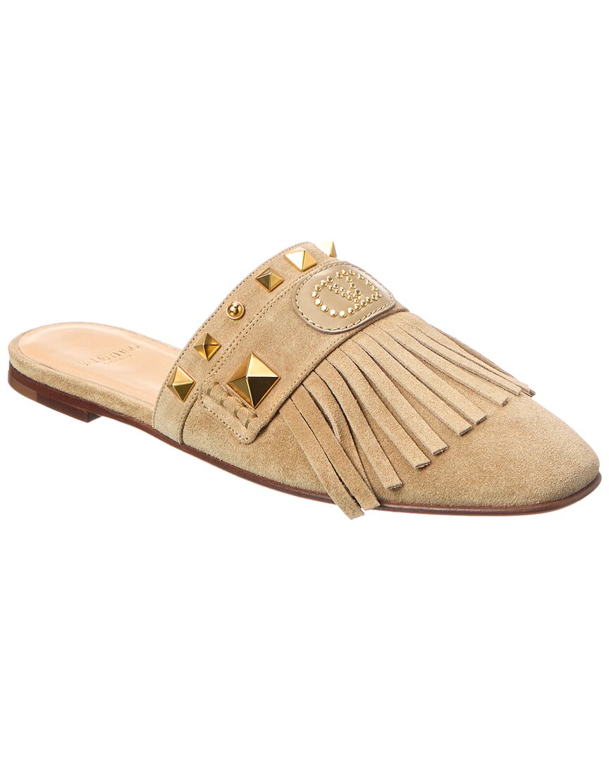 Valentino Fringed Studded Suede Mules In Beige