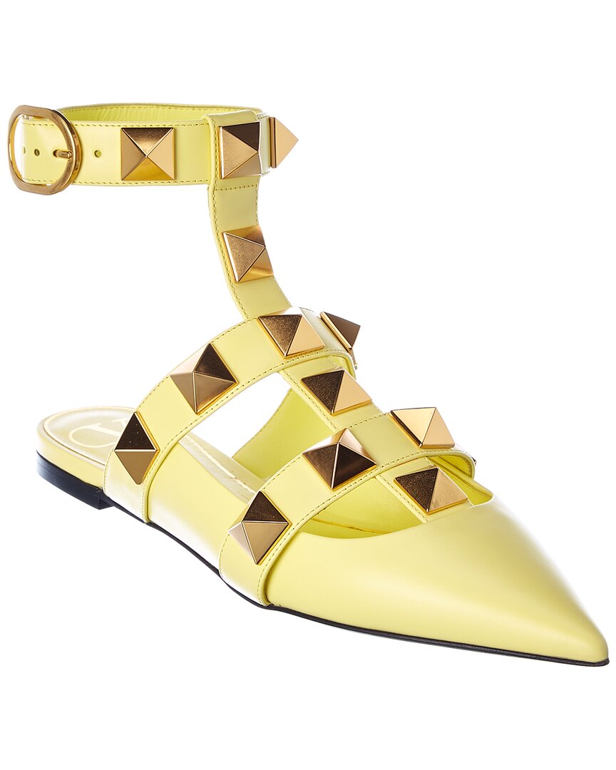 Valentino Roman Stud Leather Ankle Strap Flat In Yellow